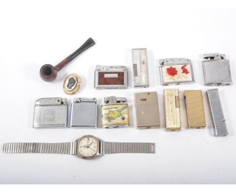 Small selection of vintage lighters, Timex mens wristwatch, foreign coins and selection of locks.