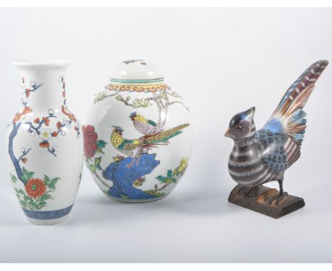 Plaster Pierrot table lamp, ginger jar, carved pheasants etc.