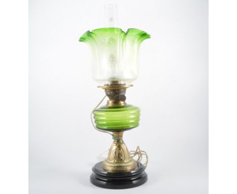 Edwardian oil lamp, with green tinted shade, converted, 56cm.