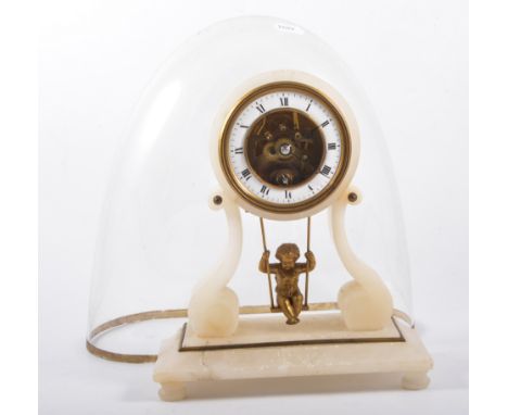 Alabaster mantel clock, the dial supported by scrolls French cylinder movement,t cherub pendulum, 24cm, damaged together with