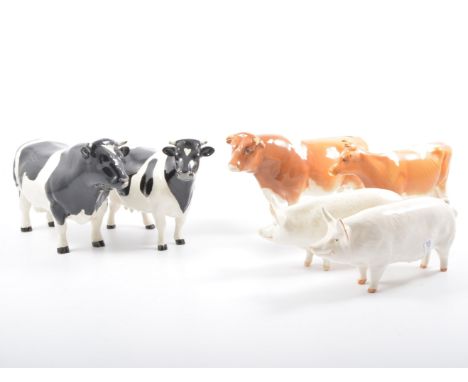 Nine Beswick ceramic animal figures, including:- Fresian cow, "Coddington Hilt Bar" bull, "Wall Boy" and "Wall Queen" pigs, "