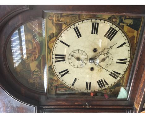 An Early Victorian provincial long case clock eight day going with a four season painted dial. With two wights and pendulum.