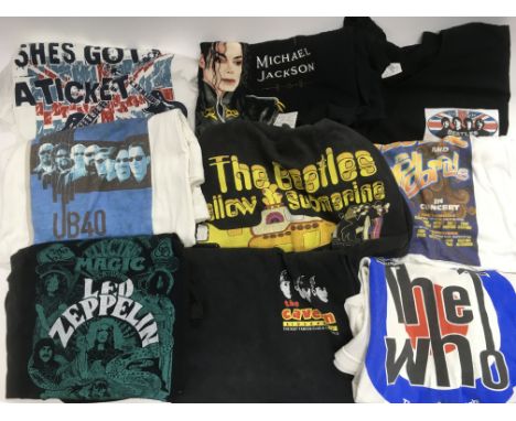 Two bags of band t shirts including The Beatles, Michael Jackson, Led Zeppelin and others. Various sizes.