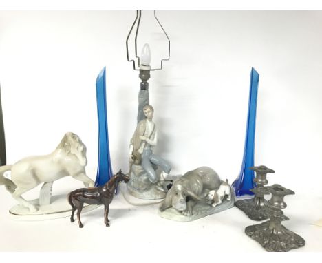 Lladro nao lamp, dog and horse ornaments, a pair of blue glass vases &amp; silver plated table candle sticks