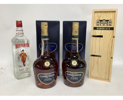 2 x bottles of Courvoisier VSOP, a bottle of Bordeaux and a bottle of Beefeater gin