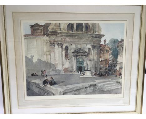 A framed and glazed signed Russell Flint print depicting various figures in a town square, approx 87cm x 76cm.