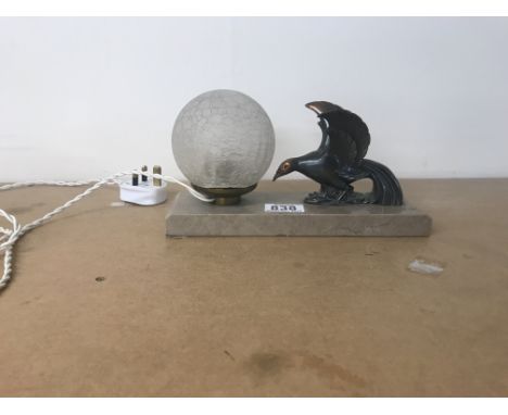 Art Deco side lamp in the form of a styled bird with fogged, crackled lamp shade. Approx 14x25.