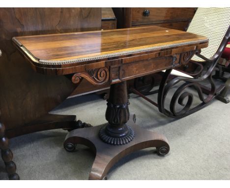 A Quality William VI rosewood card table with a hinged top the column with stylised acanthus leaves. No Reserve.