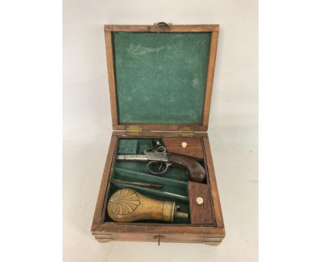 Small, box lock, Flintlock muff pistol+ powder flask with turn off barrel in contemporary box