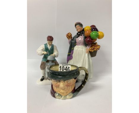 A Royal Doulton Balloon lady figure, The silversmiths of Williamsburg plus a small Doulton Toby of Sam Weller.