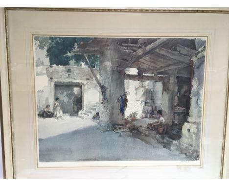 A framed and glazed signed Russell Flint print depicting female figures in a courtyard, approx 94cm x 80cm.