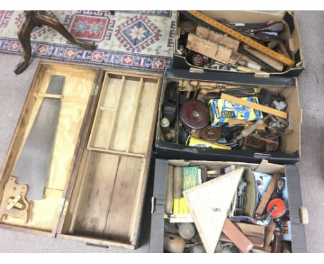 Large collection of various woodworking tools and toolbox.