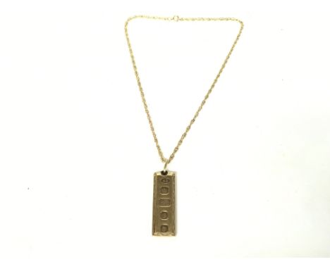 9ct gold ingot on chain. Total weight 37.56g