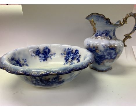 Staffordshire blue and white joq + basin