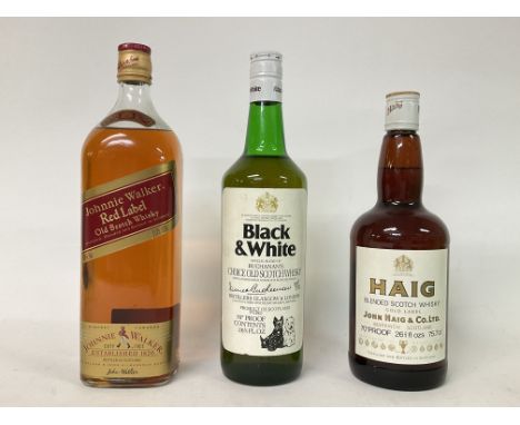 Bottles of whisky, Jonnie Walker Red Label Old Scotch Whisky, Black &amp; White Buchanans choice old scotch whiskey and Haig 