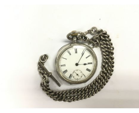 An Omega silver pocket watch on a silver chain.