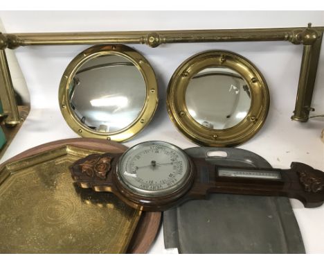 Brass mirrors, Brass fire surround, a Aneroid Barometer and trays