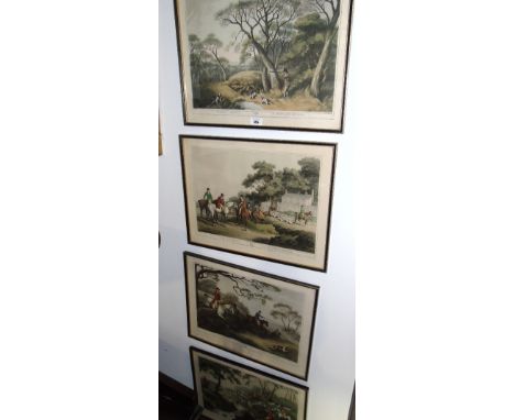 A Set of Four 'Le Chasse' Hunting Prints in Black and Gold Frames, 98 x 37cm.