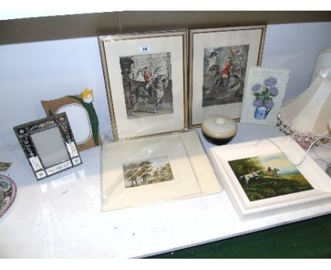 A Collection of Pictures, Prints, Frames, etc to include a hunting scene oil on board and three English school watercolours.