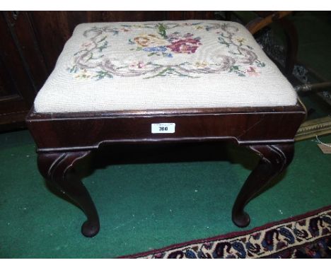 An 18th Century Style Mahogany and Tapestry Footstool with carved pad feet l