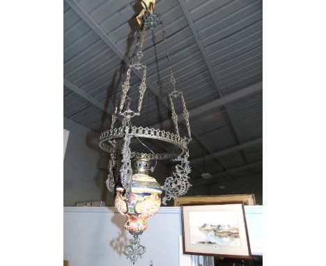 Two Ornate Bronze and Ceramic Hanging Ceiling Lights.