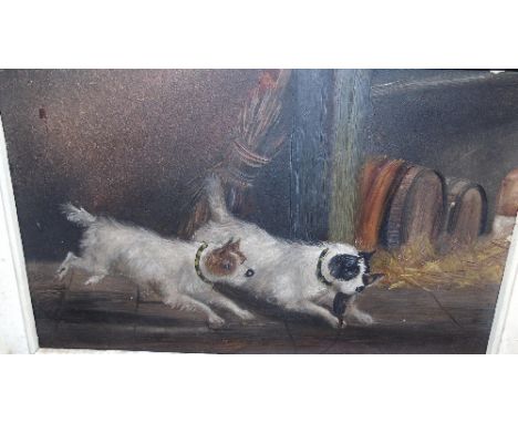 An Oil on Board in the Manner of George Armfield of a Stable with Terriers Hunting Rats.