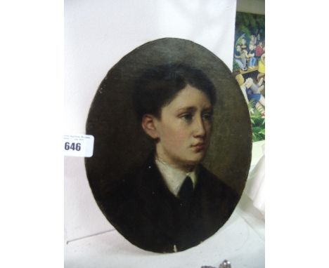 An Oval Oil on Board. Portrait of a Young Man. Unframed, 25 x 20.5cm.