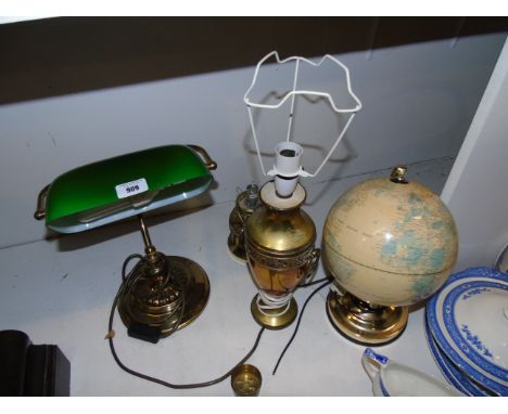 A Four Brass Lamps, to include an office desk lamp with green shade.