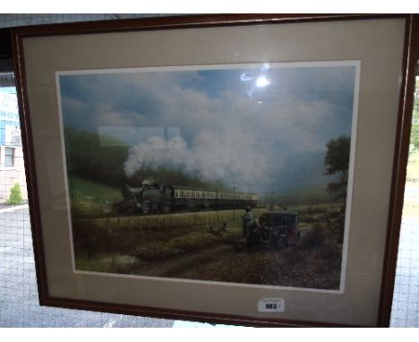 A Coloured Horse Racing Print, 'The Final Furlong', together with a Steam Engine Print (2).