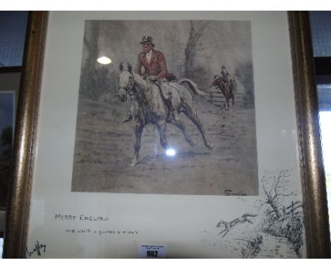 A Coloured Hunting Print Titled 'Merry England' 39 x 42 cm