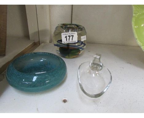 A 19th century cut glass measure, a small vasat dish and a heavy blue swirl art glass item