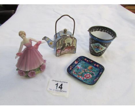 An enamel miniauture teapot, enamel miniature bucket, cloissonne pin tray and a porcelian figure trinket pot