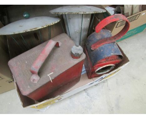 2 garden street lamp tops, a vintage petrol can and a road works lamp