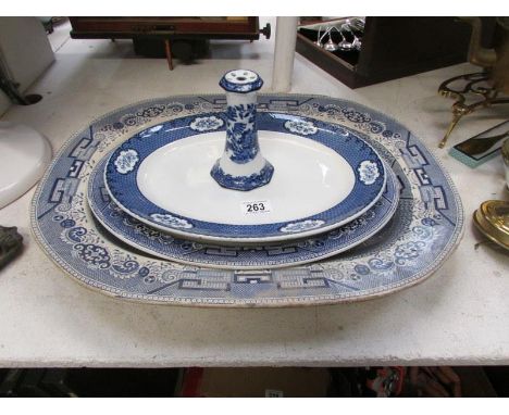 3 blue and white meat platters and a hat pin stand