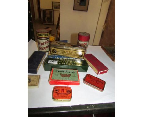 A mixed lot including Will's Woodbine dominoes, old tins, playing cards etc