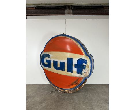 Very large original vintage Gulf double sided light-up sign. Moulded plastic sides with metal frame. Produced by GIC, Virgini