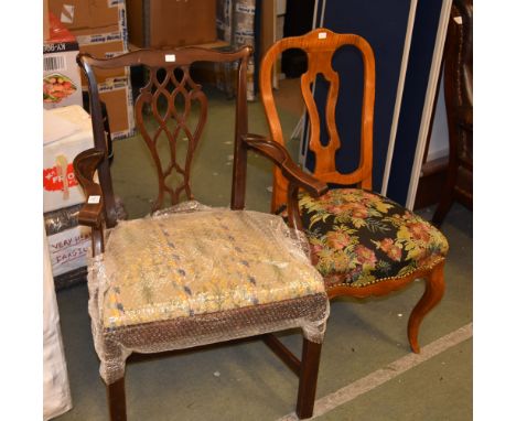 A walnut and upholstered side chair together with a mahogany dining chair in the manner of Thomas Chippendale 