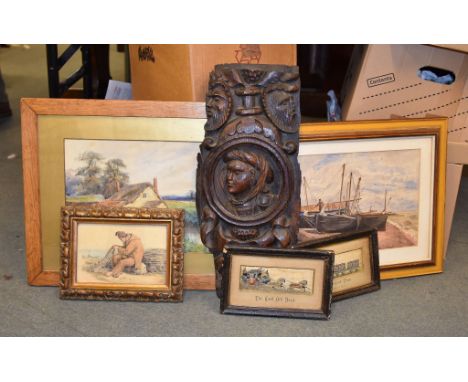 A carved oak panel; probably 17th century, 51cm high; two Stevengraphs,   The Good Old Days   and   The Present Time,   frame
