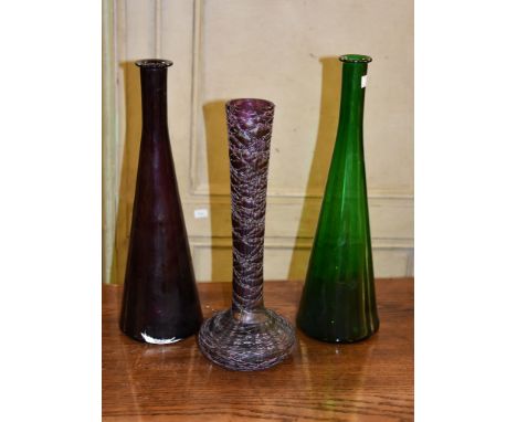 A Kralic amethyst glass vase, with trail decoration, 37cm high, and two others, one green and one amethyst (3) 