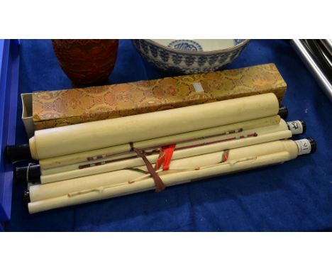 Four Chinese scrolls,  1973-1988, one by Bai Haoyi, with a pink flowering prunus branch, dated 1973; three others all calligr