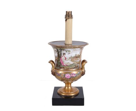 An English porcelain campagna urn,  circa 1820, painted with two classical scenes reserved on a gilt ground, and with two lio