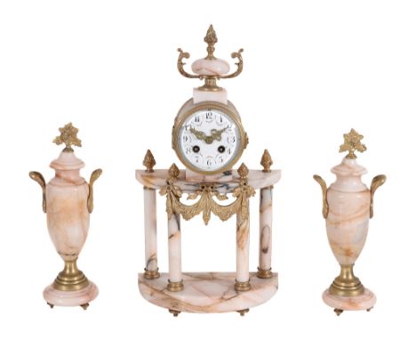 A French variegated marble and gilt metal mounted clock garniture,  the eight-day bell striking movement stamped H  Paris and