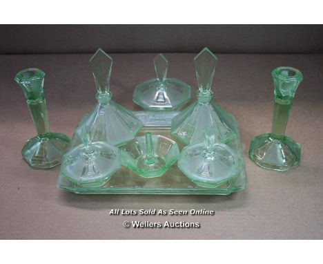 *ART DECO URANIUM GLASS GREEN  9 PIECE DRESSING TABLE SET  / THE TOP OF ONE CANDLESTICK HAS BEEN REPAIRED  [LQD188]