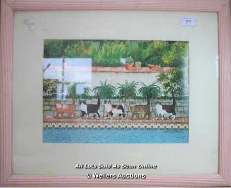 *K. GUDMANDSEN - FRAMED PRINT FEATURING CATS BY A SWIMMING POOL, 33/50, 56 X 45CM INCLUDING FRAME 
