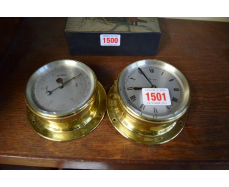 A brass bulkhead timepiece and barometer set, the silvered dials inscribed 'Marpro', 11.5cm diameter. 