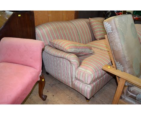 A contemporary upholstered triple sofa and matching armchair in watered silk fabric.  Condition Report: Overall condition is 
