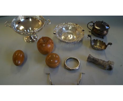 Two silver baskets; together with a silver napkin ring; silver mustard; .830 Viking ship salt; three pieces of treen etc. (9)