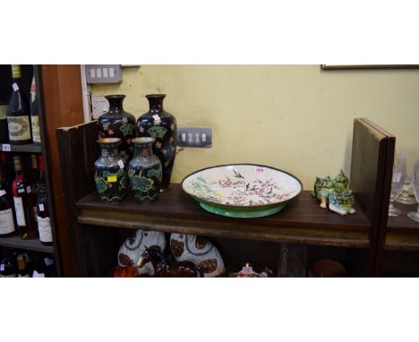 Two pairs of Japanese cloisonne vases, largest 30.5cm high; together with an oriental enamel charger; and a pair of Sancai gl