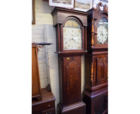 A George III oak longcase clock, the eight day bell striking movement with a 13 inch painted arched dial, 210cm high, with we