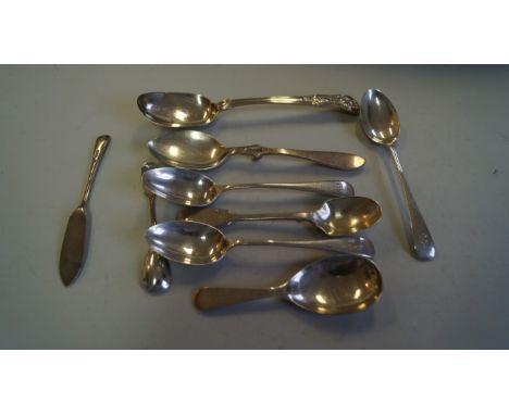 A silver Old English pattern caddy spoon, by Sanders & Mackenzie, Birmingham 1959; together with eight other items of silver 